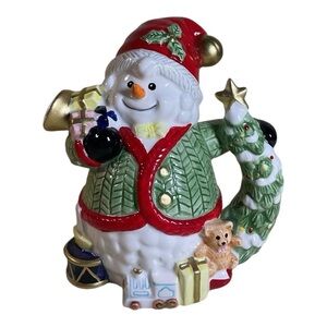 Fitz & Floyd Omnibus Porcelain Vase Glossy Snowman Christmas Tree Presents Toys